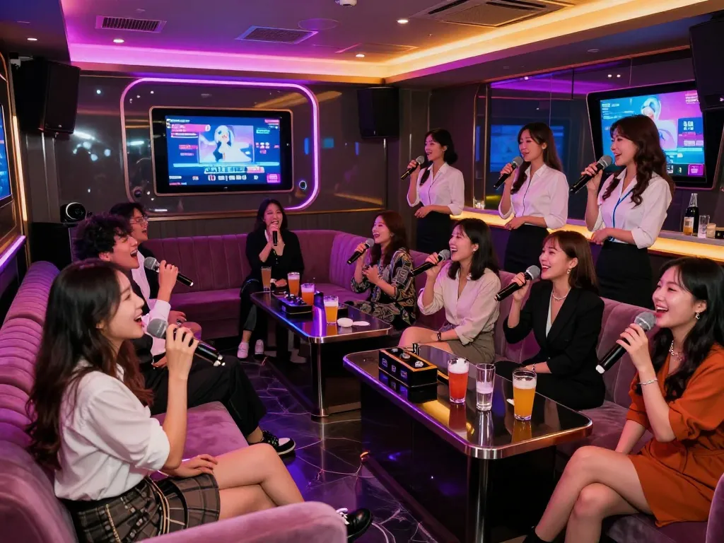 Experience the vibrant atmosphere at gangnamtune.com, showcasing lively karaoke interactions in luxurious Gangnam settings.