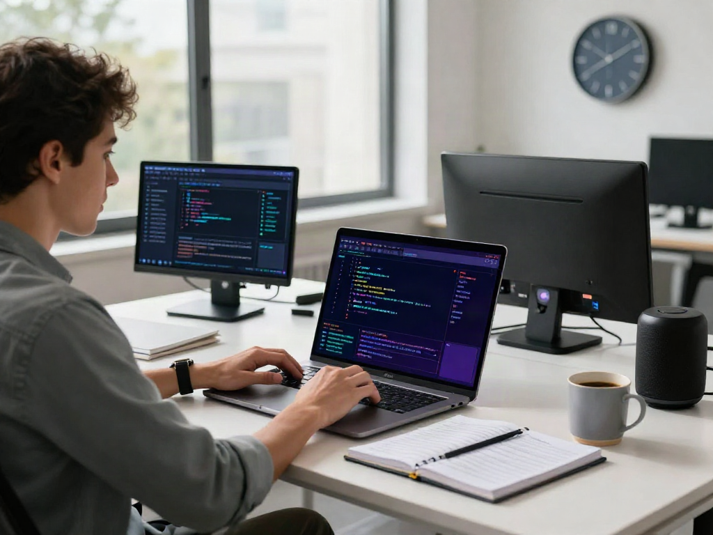 Engaged content creator using AI RSS article rewriting tools in a modern office environment.