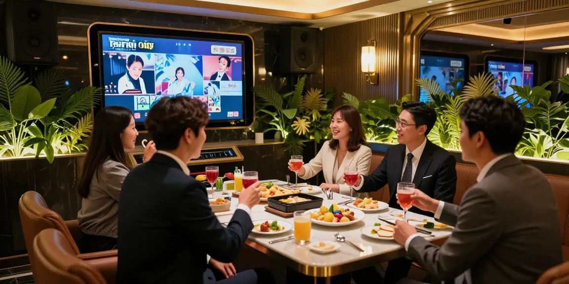 강남쩜오에서 프리미엄 카라오케를 경험하는 고객, gugudanlounge.com/의 세련된 공간에서 비즈니스 미팅을 즐기고 있습니다.