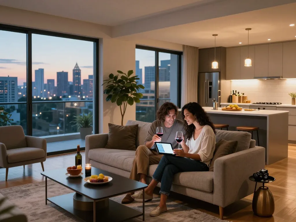 Luxury apartments Long Island - a stylish couple enjoying their beautiful living room in a modern, elegant apartment.