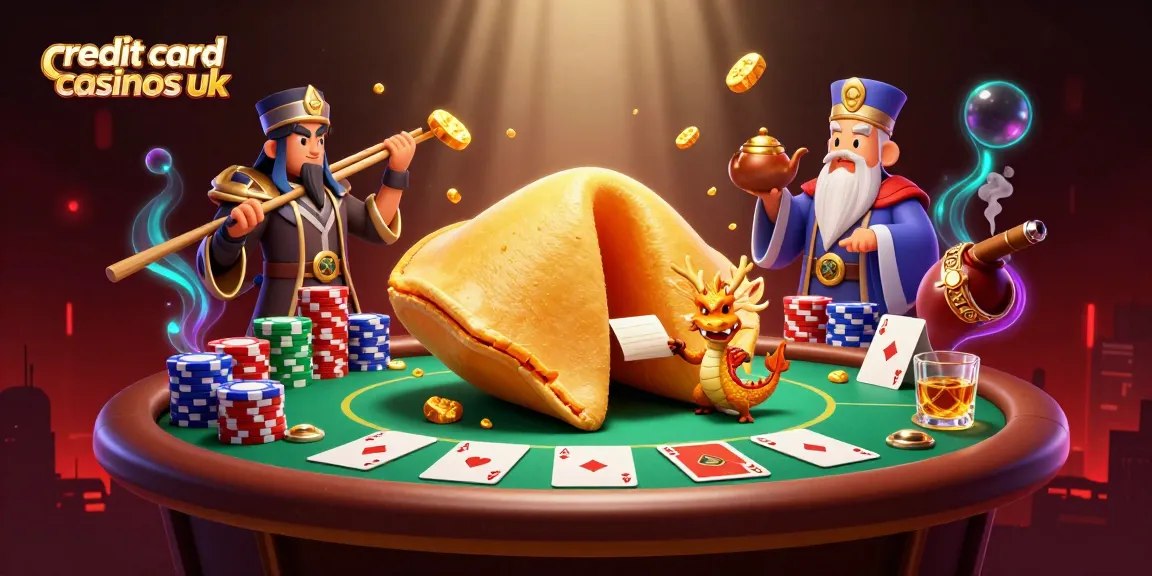 Engage with credit card casinos uk featuring an epic golden fortune cookie scene and poker elements.