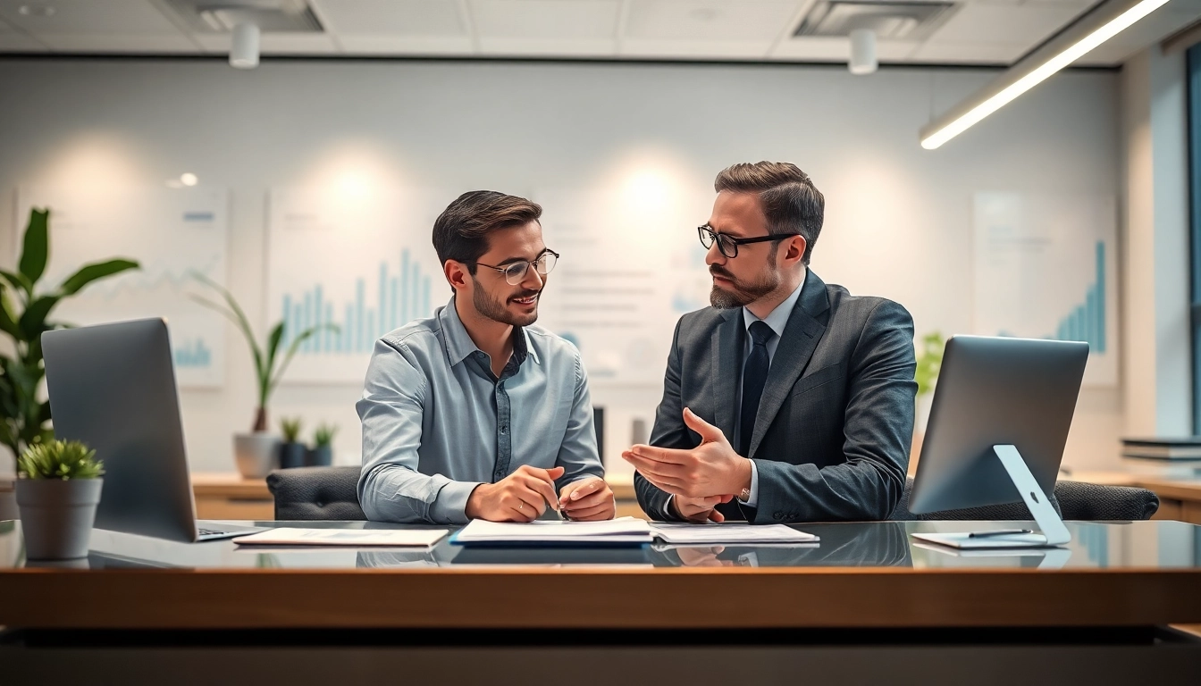 Engaging financing consultation at a modern office desk with financial charts.