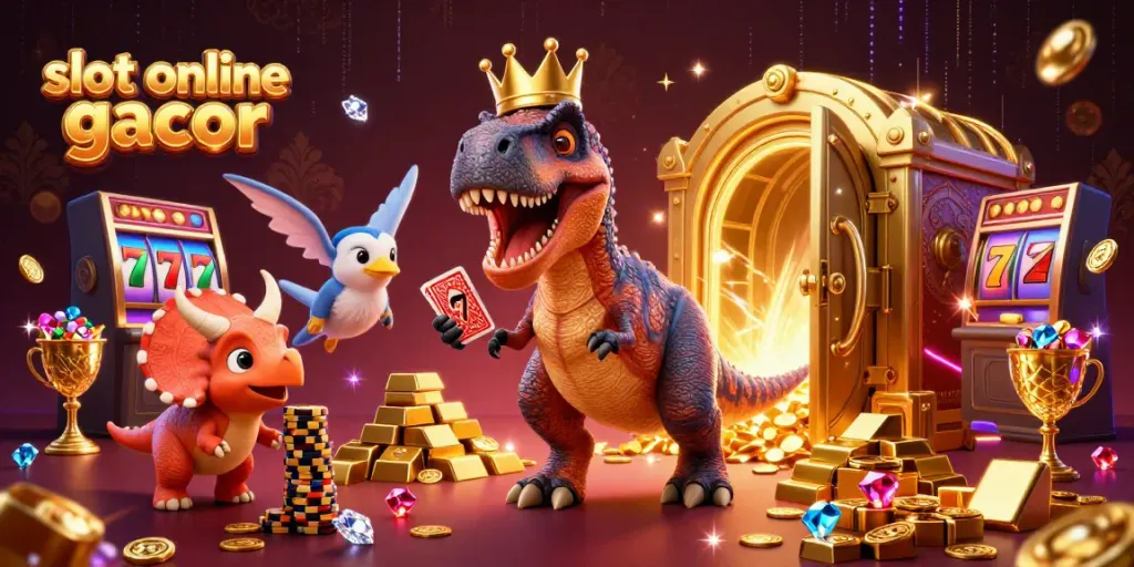 Engage with exciting slot online gacor action, featuring characters amidst golden treasures and vibrant casino elements.