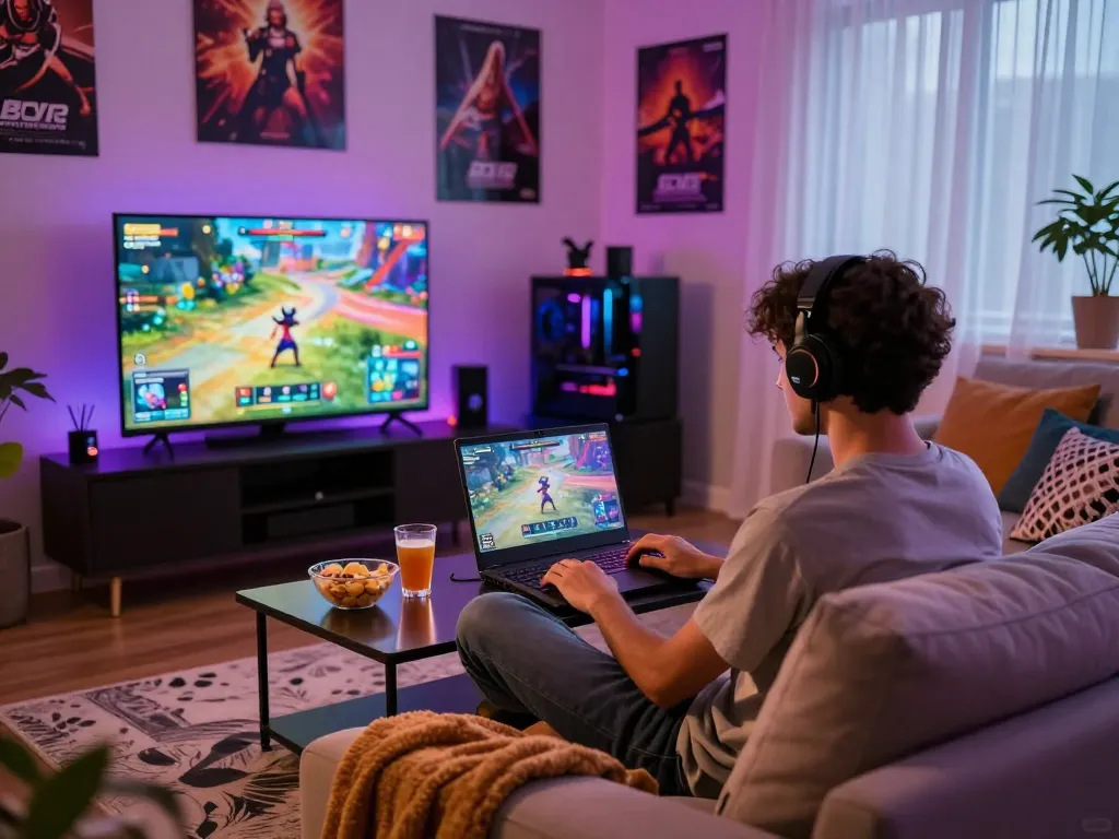 Engaged gamer playing a porn game online in a vibrant living room.