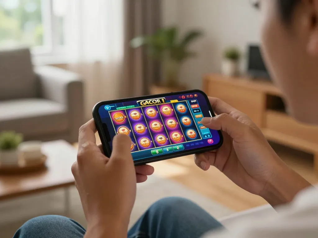 Engaging smartphone gaming experience showing slot gacor app in a cozy home setup