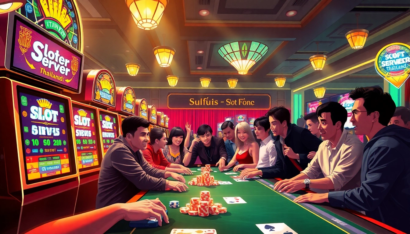 Pemain menikmati sensasi di kasino Slot Server Thailand No 1, merayakan kemenangan seru dengan mesin slot yang berwarna-warni.
