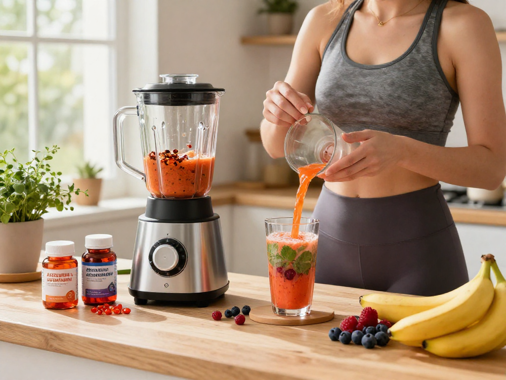 Natural astaxanthin smoothie preparation with fruits and supplements in a bright kitchen.