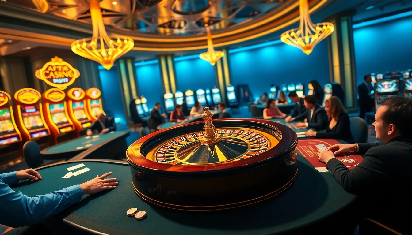 Gamblers engaging in high-stakes action at https://www.6rwin55.com/ casino tables with chips and cards.