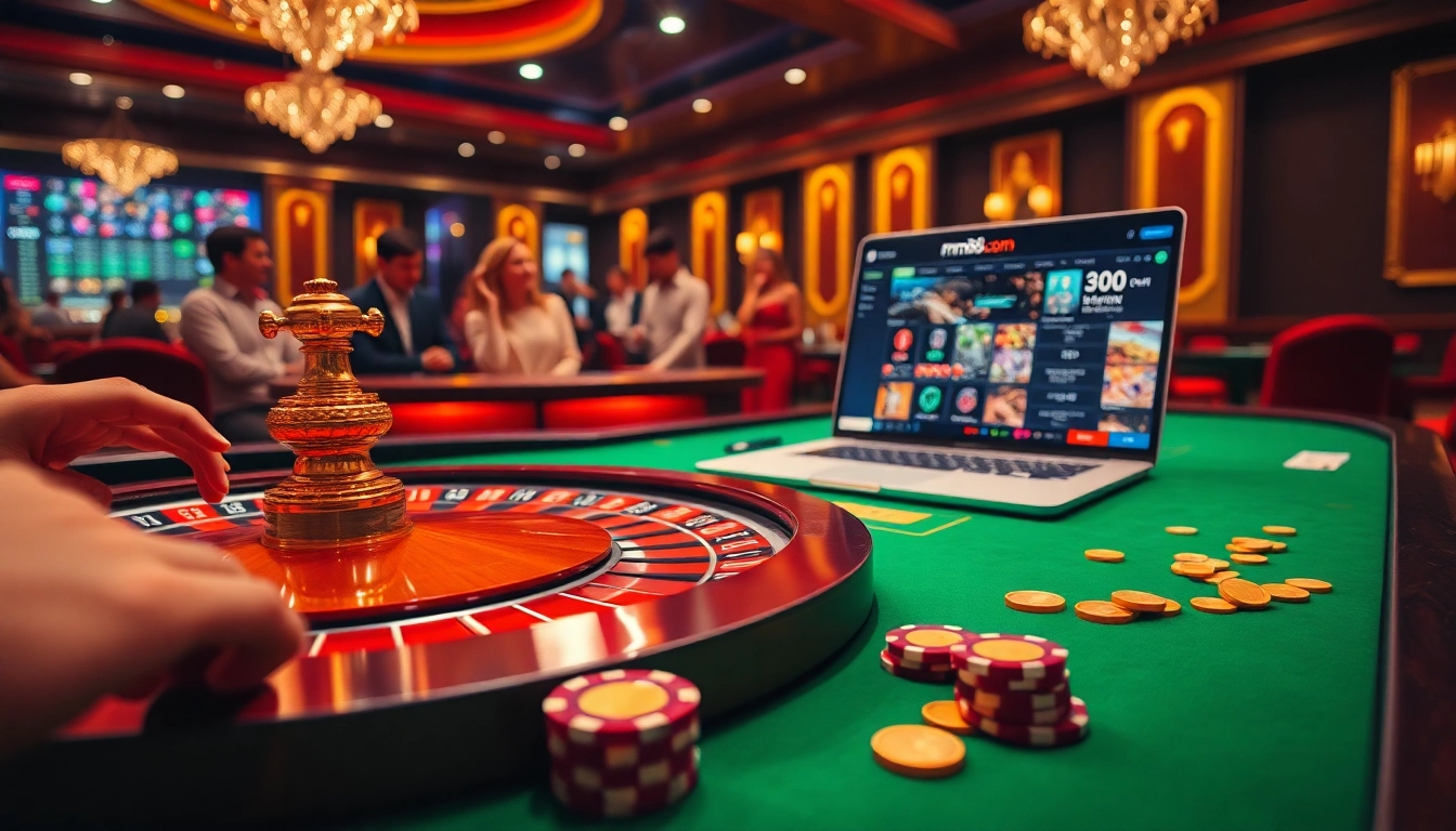 Exciting casino scene with players at mm88.com roulette table, showcasing poker chips and gold coins.