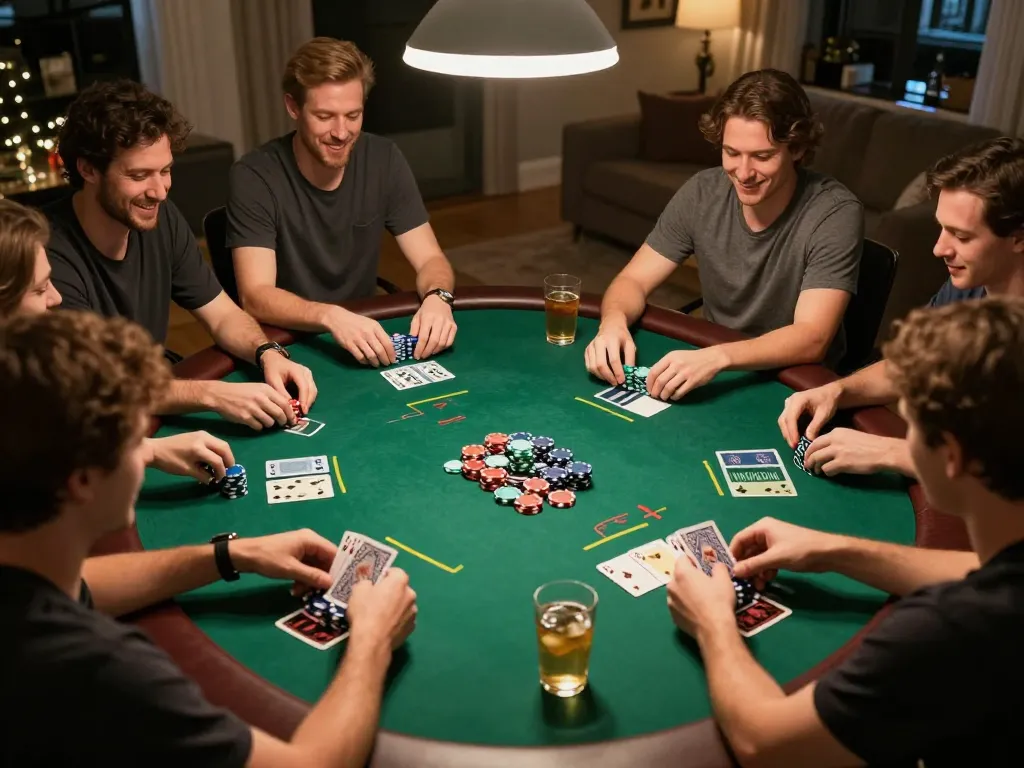 Players engage in strategic decisions at a situs slot poker table while enjoying snacks and drinks.