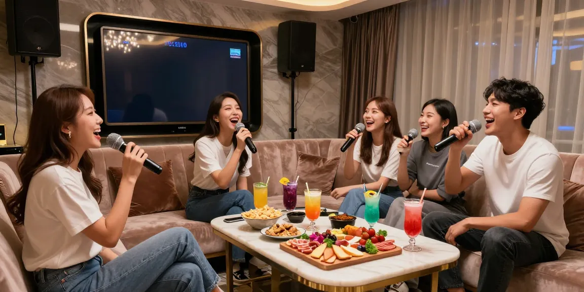 강남가라오케에서 친구들이 노래하며 즐거운 시간을 보내는 고급 카라오케 룸