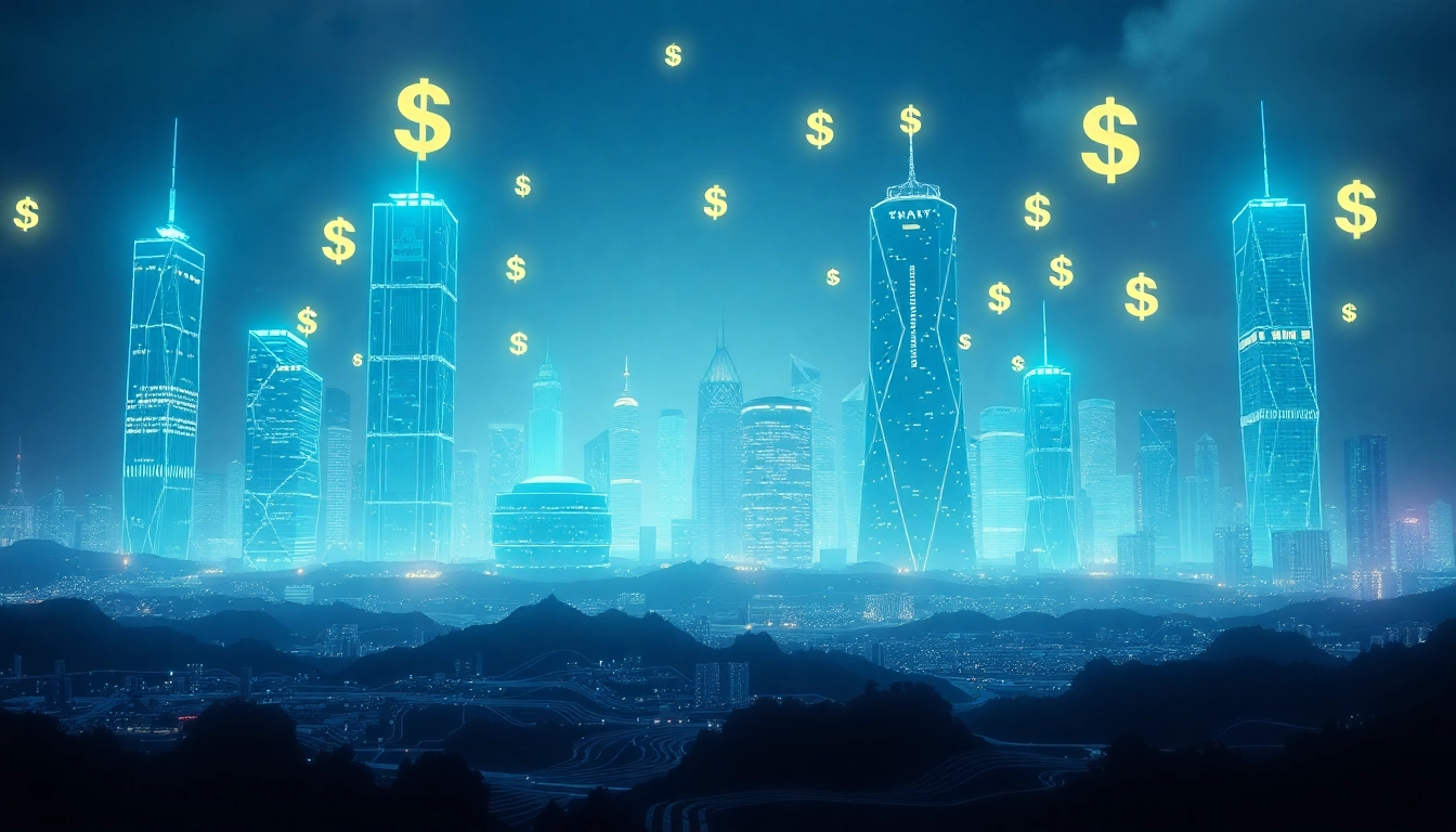 ICO digital landscape representing blockchain and cryptocurrency innovation.