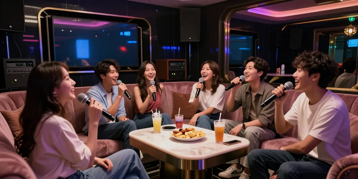 강남 가라오케에서의 즐거운 친구 모임, 고급스러운 룸과 음향 시설이 돋보이는 모습