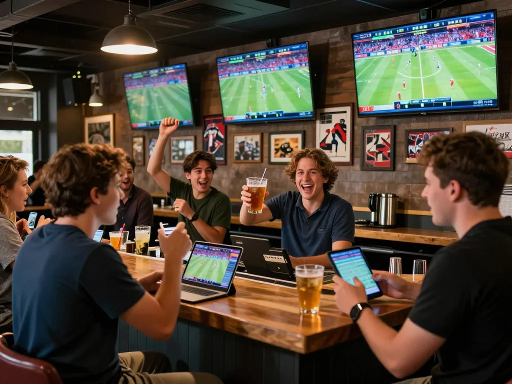 Experience the thrill of betting on live sports events at https://dola88vn.com/, showcasing an exciting sports bar atmosphere with engaged patrons.