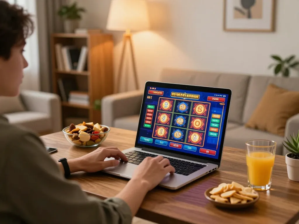 Player enjoying online slots at home with f8bet displayed on the screen