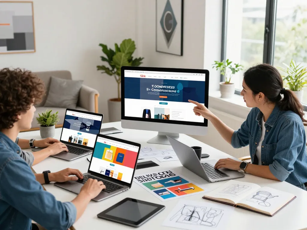 Creative e-commerce website design team collaborating on projects in a dynamic studio, showcasing ecommerce website design near me.