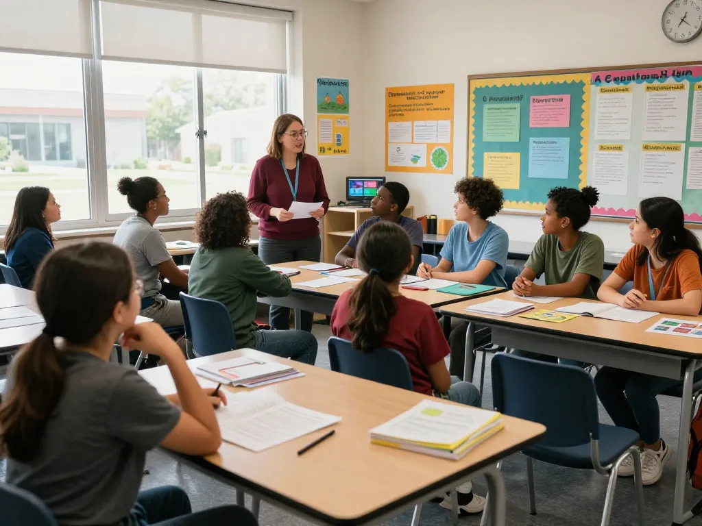 Teachers Say Enforcement in a classroom setting discussing policies with engaging materials.