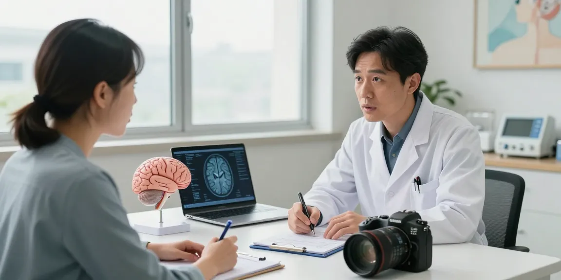 Beyin ameliyatı consultation with a neurosurgeon, patient examining brain surgery details in a professional medical setting.