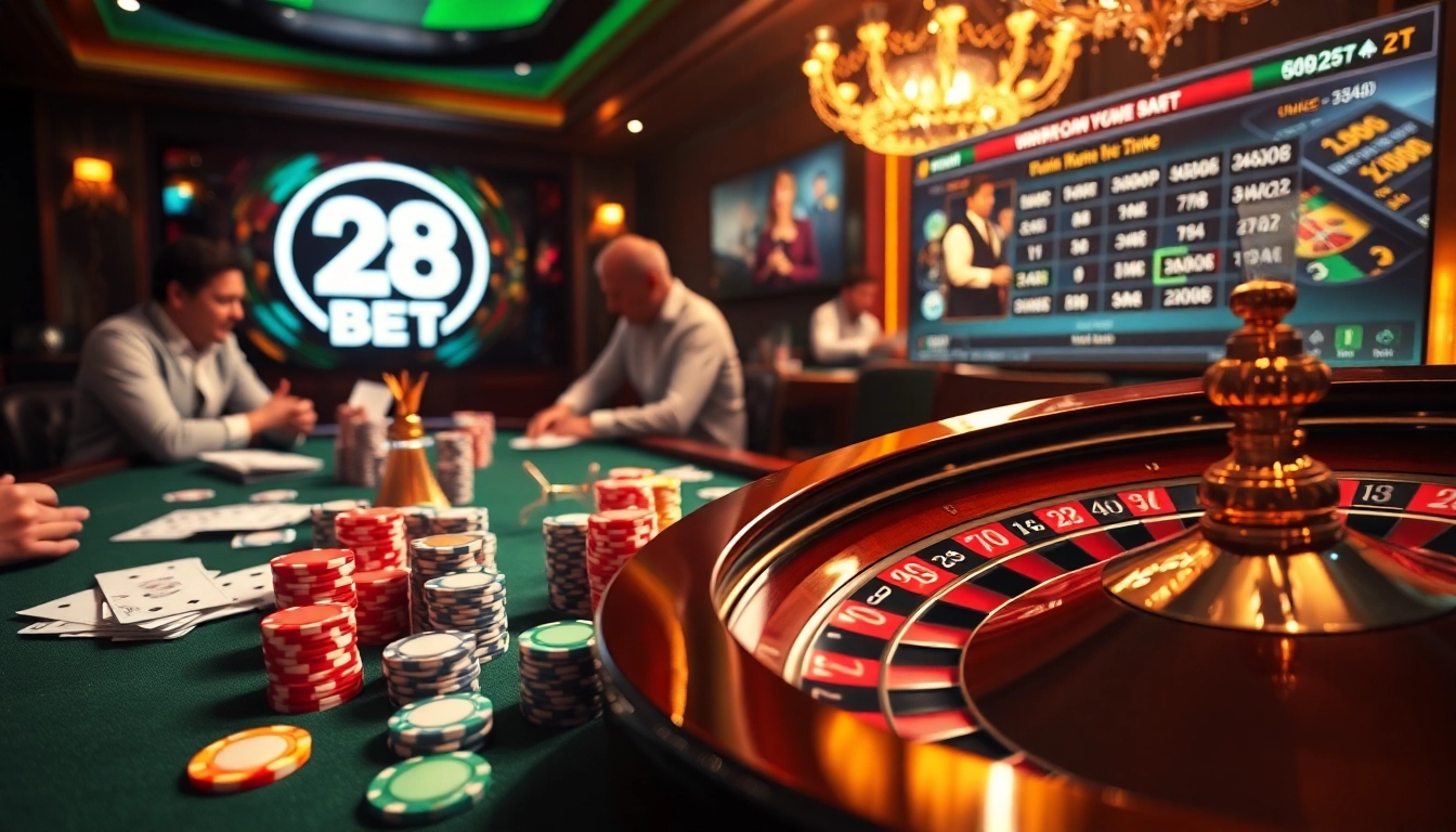 Engaging gamblers at the exciting 28 BET casino table with poker chips and roulette wheels.