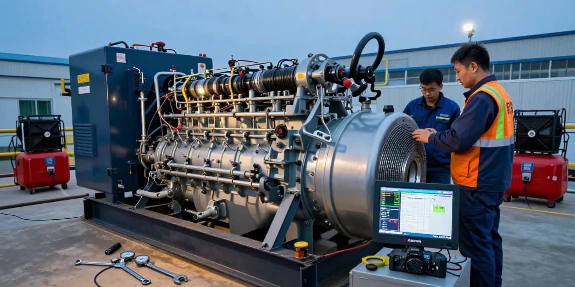 Gas generator maintenance in an industrial setting highlighting energy solutions and technician activities.