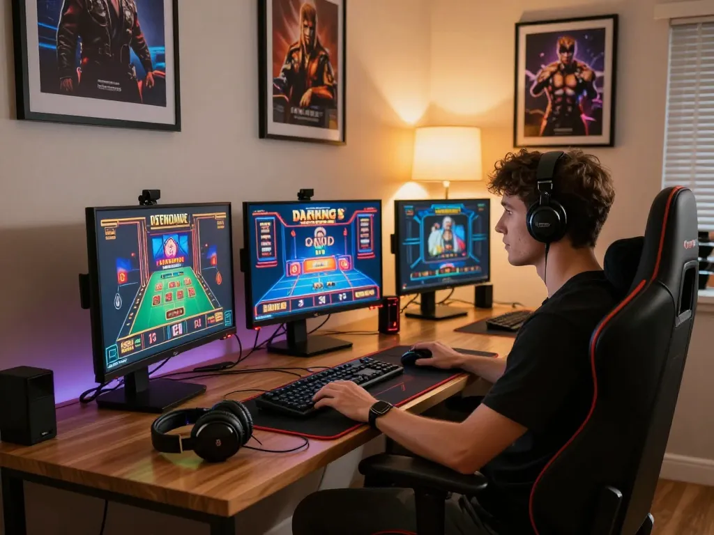 Engage in strategic gameplay with đăng ký 28bet using advanced online gaming setups showcasing multiple screens and a professional workspace.