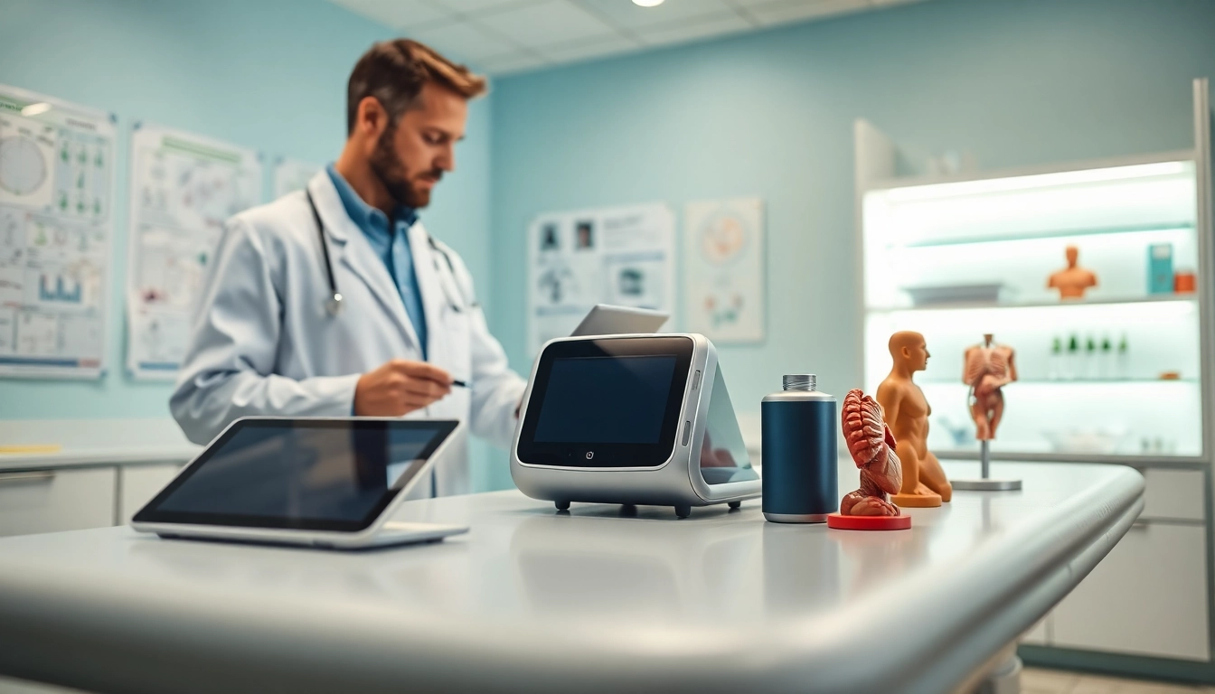 Engaging doctor using ad DÓC Medical products in a modern healthcare setting.
