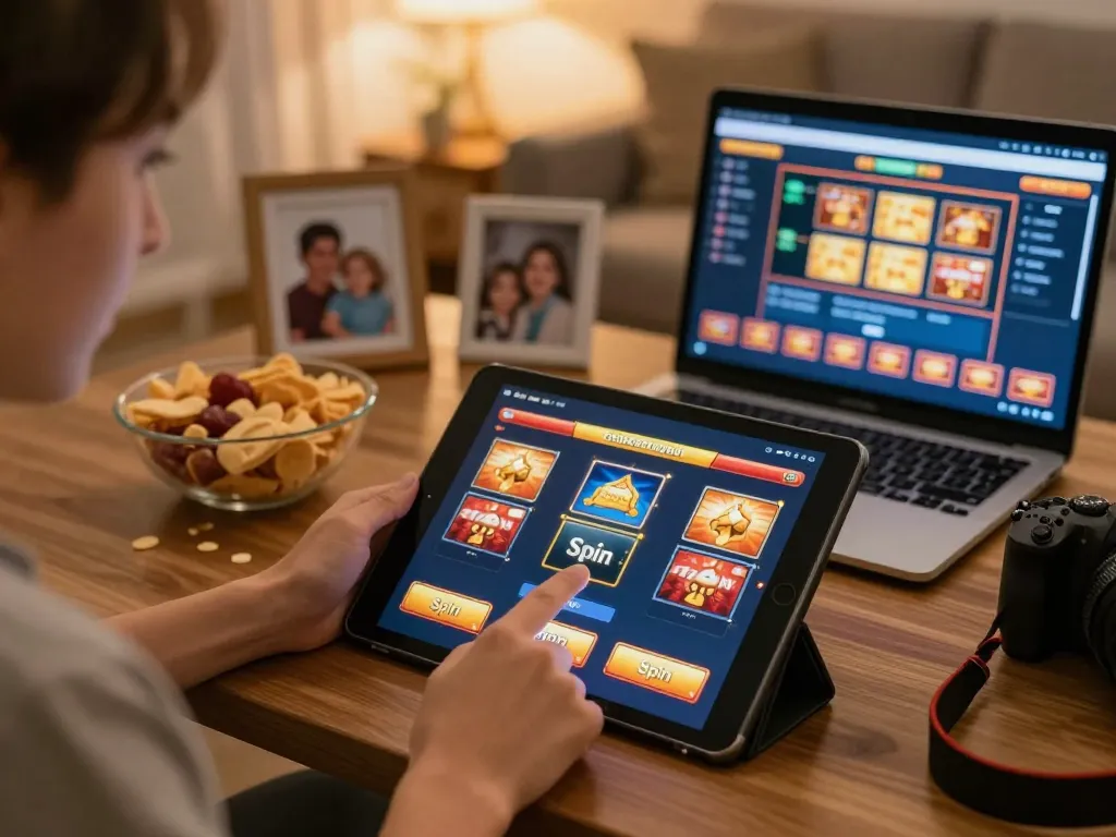 Person playing online slots at home using okwin app on tablet, engaging atmosphere, comfortable gaming space.