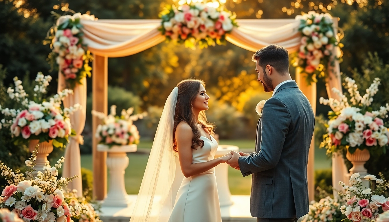 Wedding photographer captures a couple exchanging vows in a beautiful garden setting.