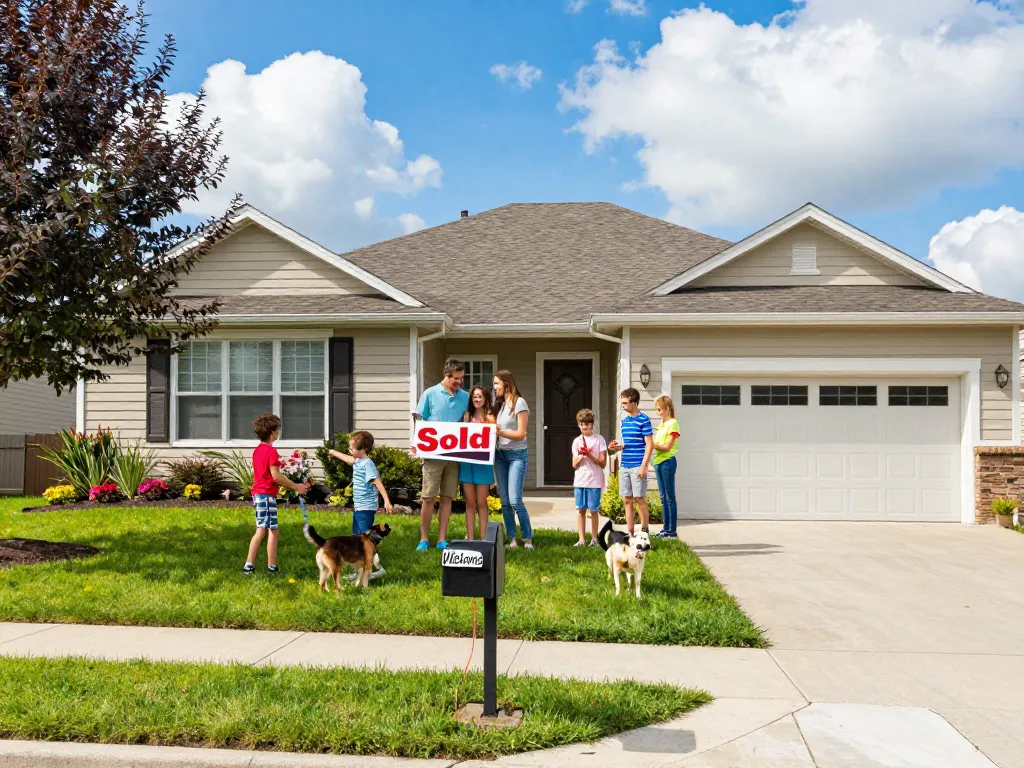 We buy houses for cash scene with a happy family holding a "Sold" sign in front of their new home