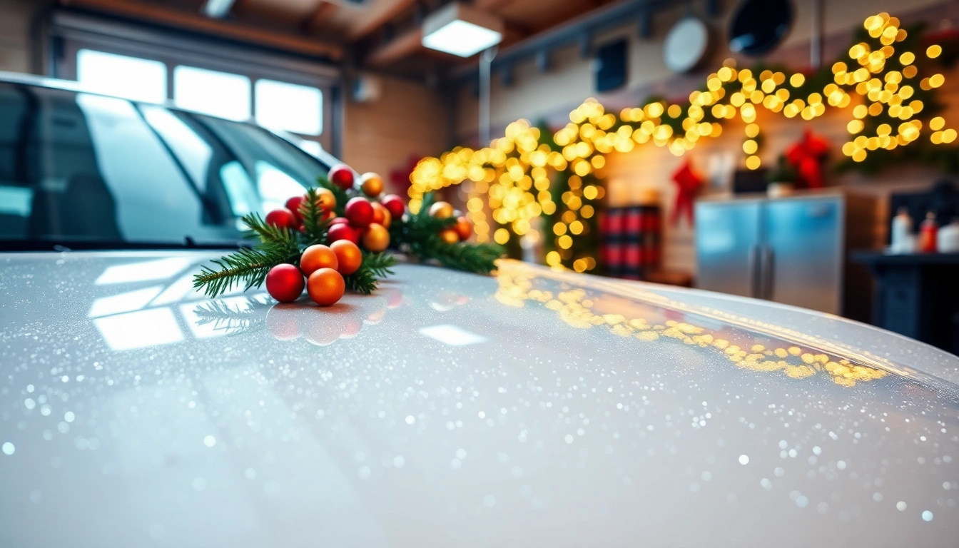 Bright Christmas car detailing gift showcasing a pristine vehicle in a festive setting.