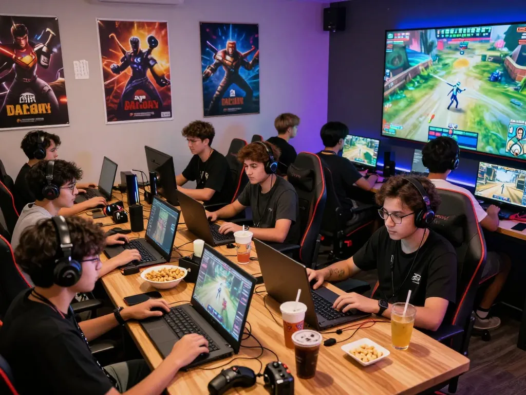 Gamers enjoying interactive gameplay in ligasedayu community, showcasing a vibrant gaming lounge atmosphere.