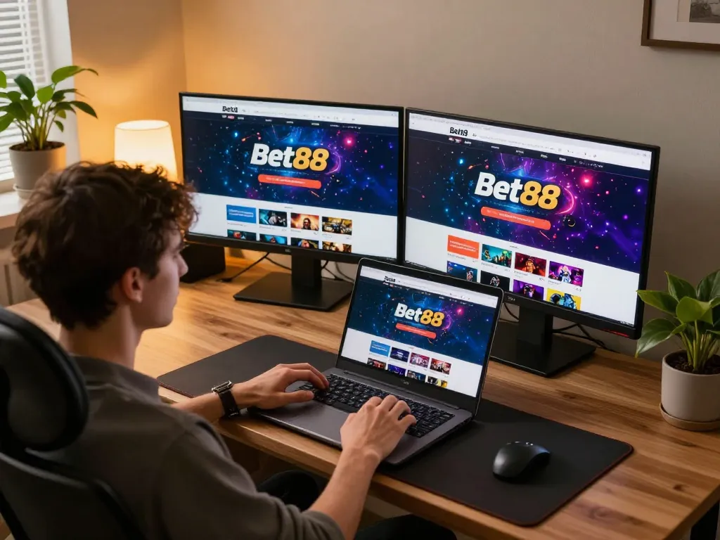 Person strategizing online gambling with Website Bet88 in a cozy and modern gaming setup.