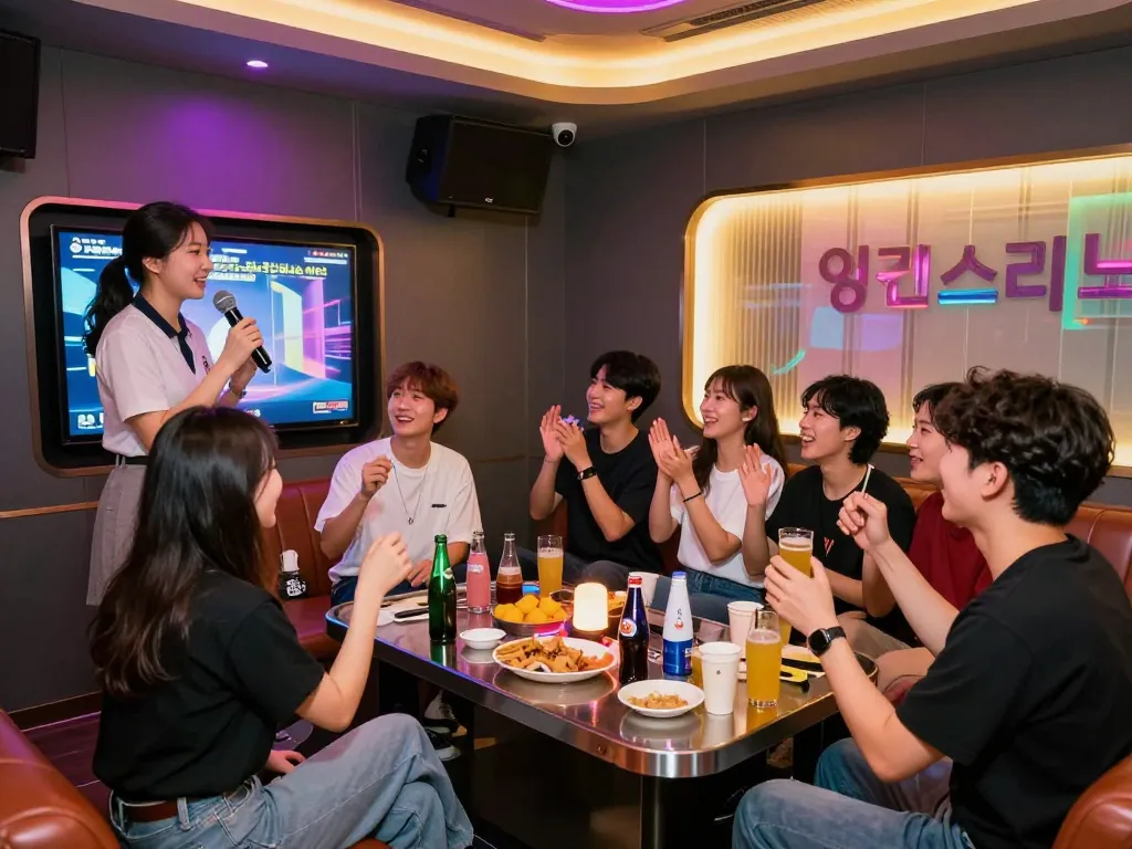 현대적인 노래방에서 다채로운 조명과 활기 넘치는 분위기로 인천쓰리노에서의 역동적인 축하.