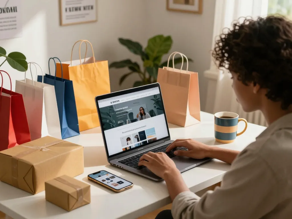 Exciting online shopping experience at https://hubet88.icu/, showcasing diverse products in a cozy workspace.