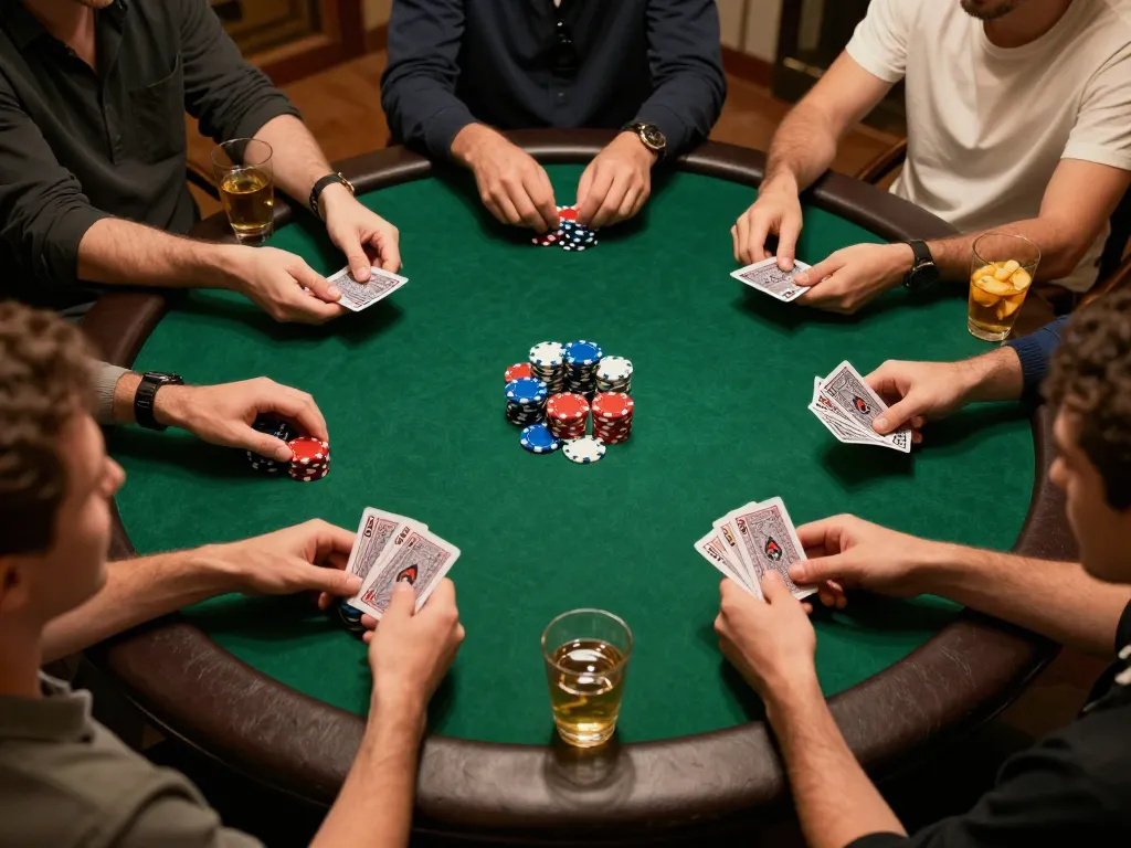 Players strategizing and engaging in a poker game at home while using TG88 for fun.