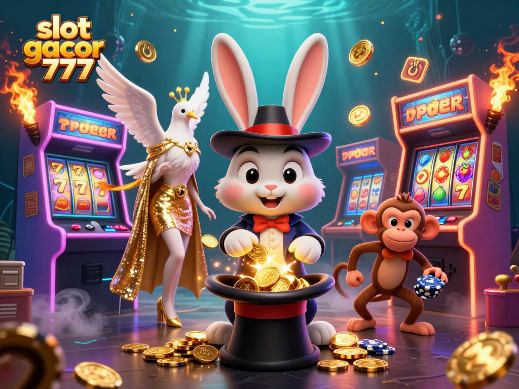 Experience the magic of slot gacor 777 with a cartoon magician pulling coins, surrounded by vibrant casino elements.