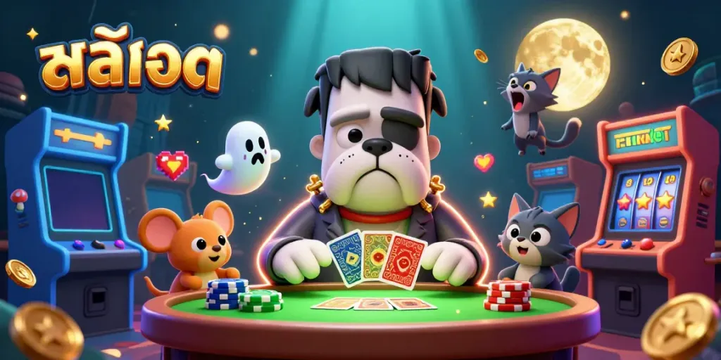 Spin the สล็อต reels as a Frankenstein bulldog deals cards amidst glowing casino elements.