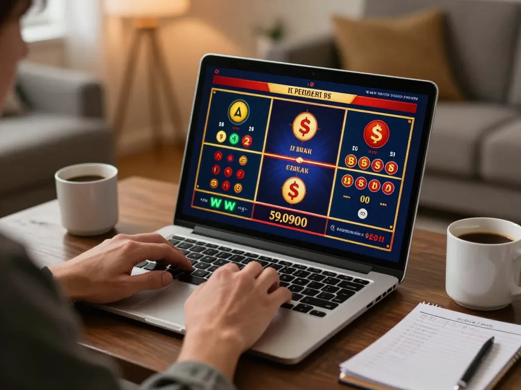 Engaged player enjoying 888now đăng nhập in a cozy home environment with laptop and strategy notes.