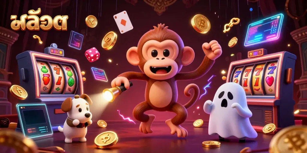 Experience thrilling สล็อต gameplay in a haunted casino with ghostly characters and crypto elements.