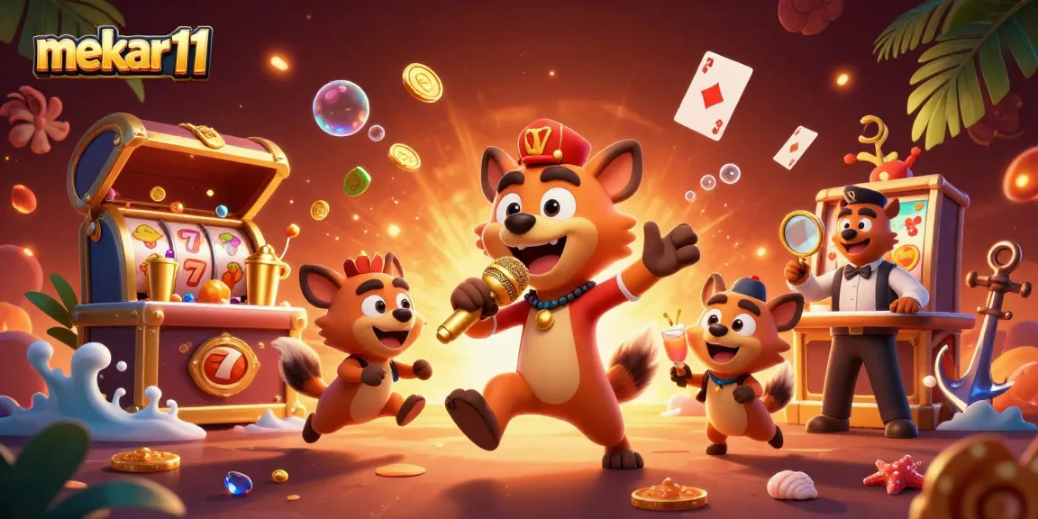 Mekar11 casino illustration featuring hyenas in a comedy club with jackpot elements.
