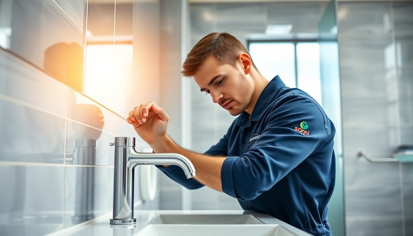sonni sanitär GmbH expert installing a modern faucet in a contemporary bathroom.