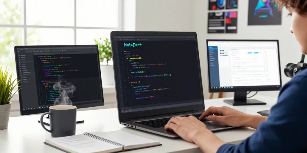 Developer using Notepad++ at a modern workspace, showcasing coding tools, colorful syntax highlighting, and natural lighting.