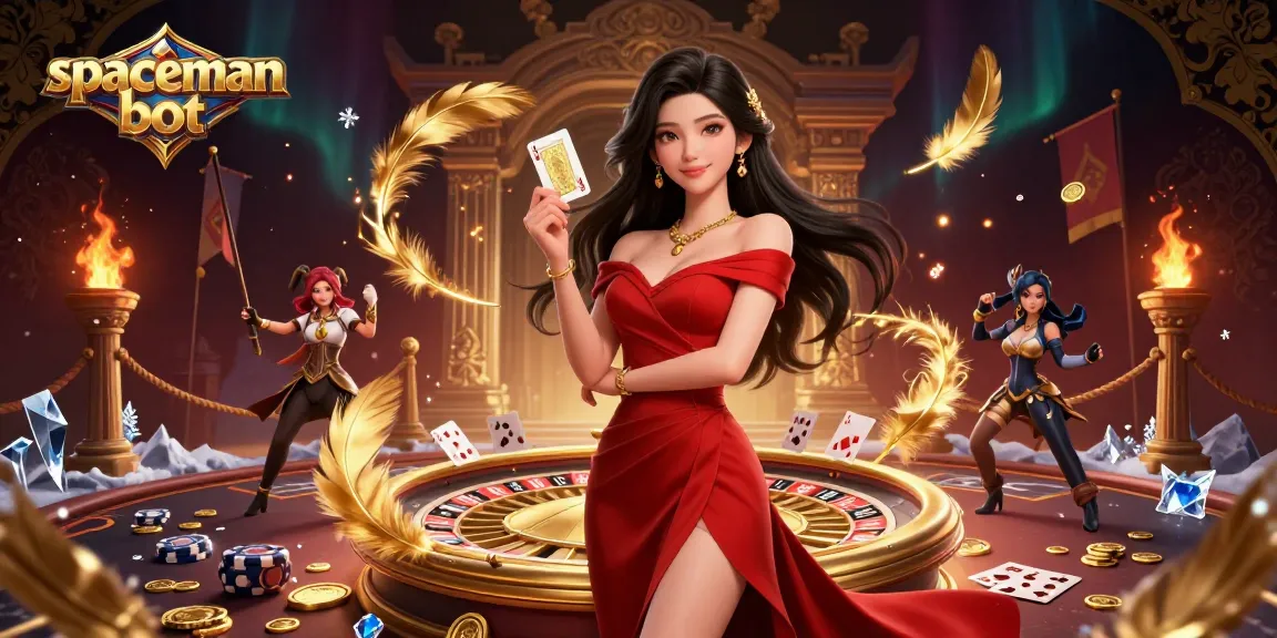 A beautiful young Asian woman showcases the spaceman bot gameplay with confidence, holding a golden playing card.