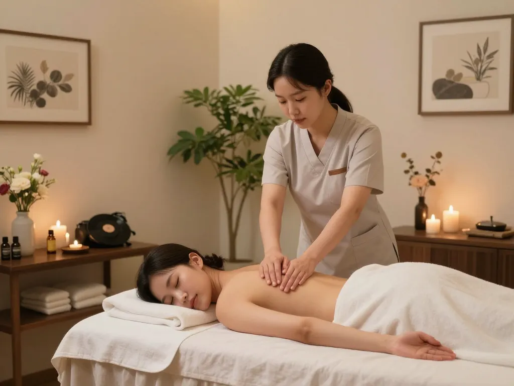 Expert therapist providing 논현동마사지 in a serene spa setting with soothing ambiance and natural decor