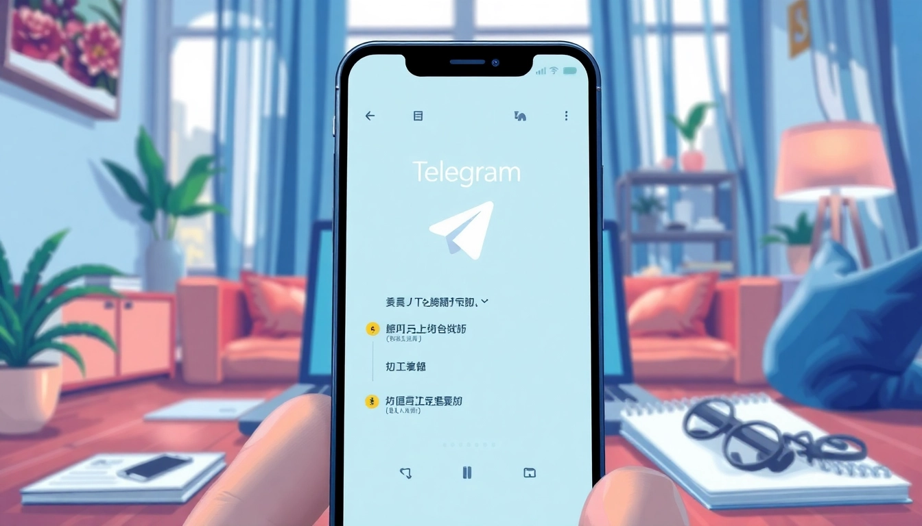Engaging illustration of Telegram中文 interface on a smartphone in a modern setting, showcasing user-friendly features.
