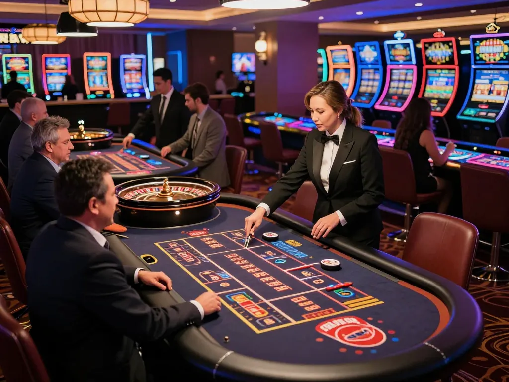 Players engaging in roulette at the fabet casino floor, celebrating wins amidst vibrant decor.