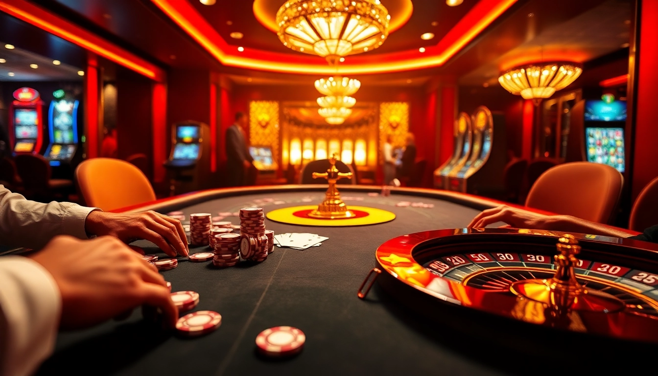 Poker players engaging at a MM88 casino table, showcasing high-stakes excitement and luxurious gameplay.