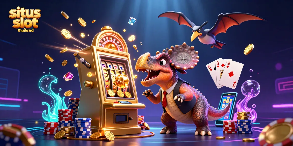 Situs slot thailand showcases a 3D pachycephalosaurus celebrating jackpots with coins and gems in a vibrant casino scene.