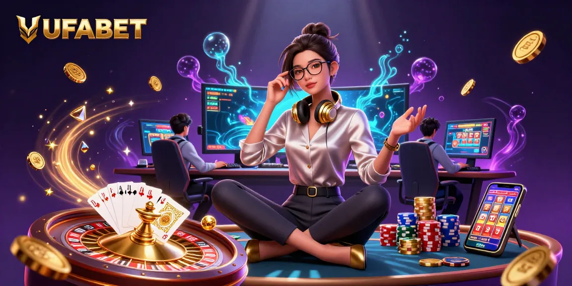 Engage with UFABET's dynamic gaming scene featuring a professional woman at a high-tech casino setup.