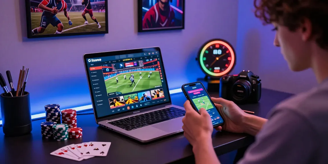 Engaged user exploring nhà cái shbet gaming app on smartphone at a modern gaming setup with casino elements.